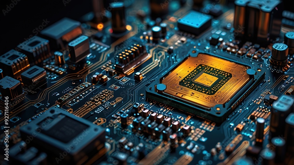 Abstract technology circuit design CPU motherboard of a computer board and processor created with Generative AI
Abstract technology circuit design CPU motherboard of a computer board and processor created with Generative AI