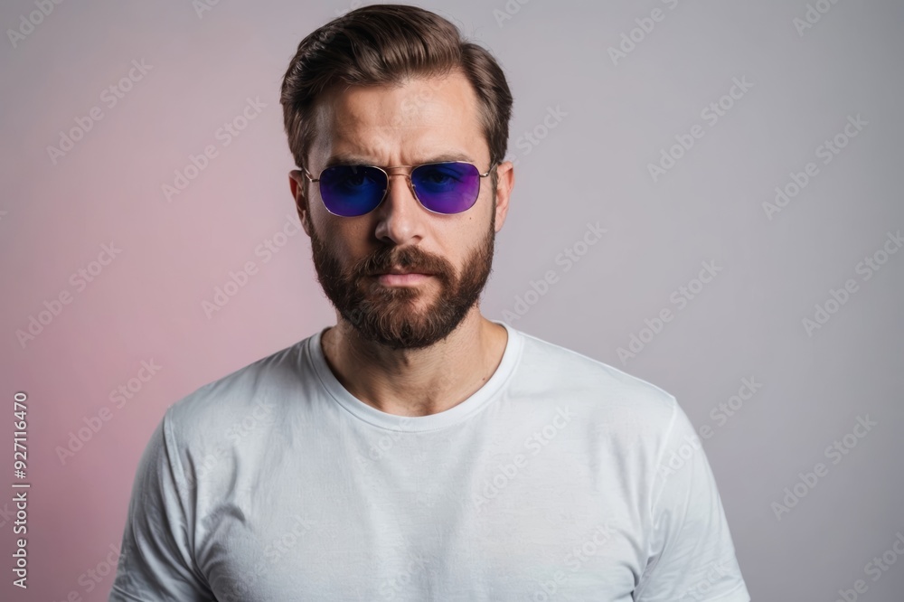 Neon studio portrait of serious man model with mustaches and beard in sunglasses and white t-shirt Neon studio portrait of serious man model with mustaches and beard in sunglasses and white t-shirt