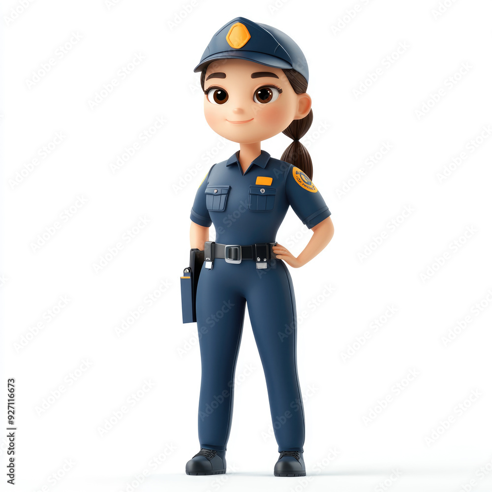 3D cartoon, a female security uniform. on a solid white background 3D cartoon, a female security uniform. on a solid white background