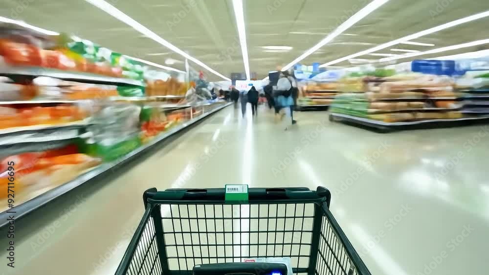 Shopping cart moving through supermarket aisles with busy shoppers Shopping cart moving through supermarket aisles with busy shoppers