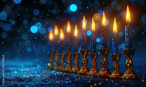 A menorah with candles is displayed on a dark blue background, designed for Hanukkah and Jewish holiday banners with copy space.