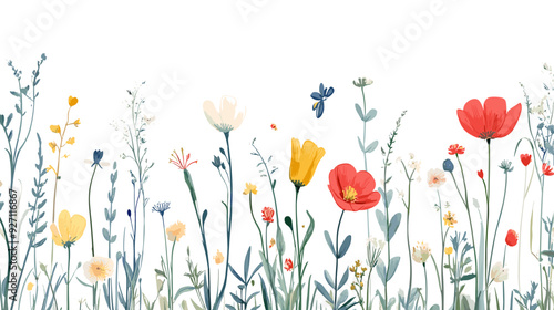 A charming collection of wildflowers in various colors gently sways in the breeze, accompanied by butterflies and bees, creating a delicate and whimsical scene.