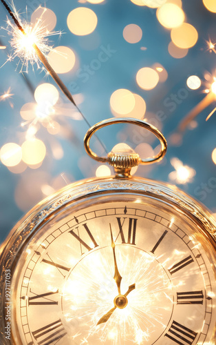 A vintage pocket watch surrounded by sparkling lights, evoking a festive and timeless atmosphere for celebrations.