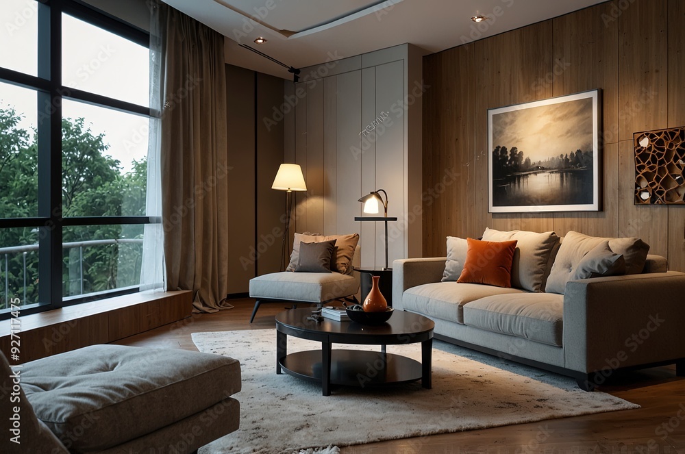 Fototapeta premium Interior of living room with cozy grey sofa, armchair and glowing lamps