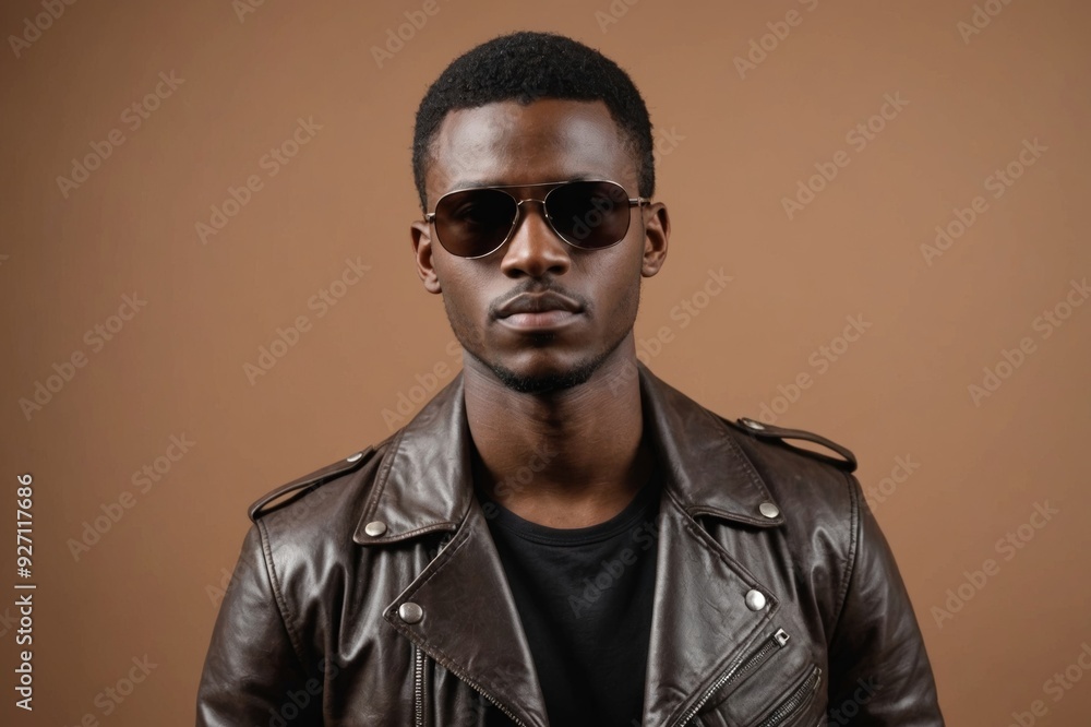Portrait of African young man in stylish leather jacket and sunglasses posing on brown background Portrait of African young man in stylish leather jacket and sunglasses posing on brown background