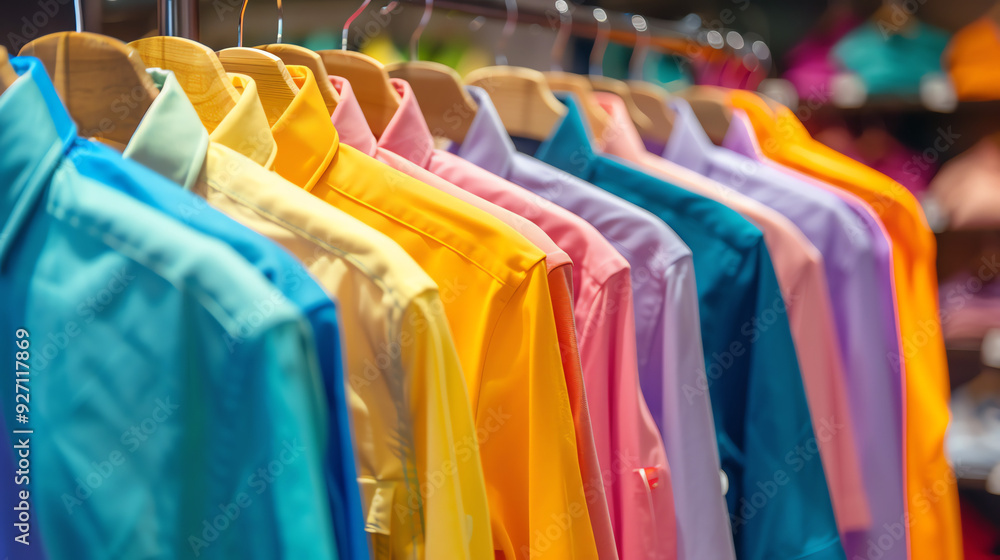 Fototapeta premium a rack of colorful shirts hanging on a clothing rack.