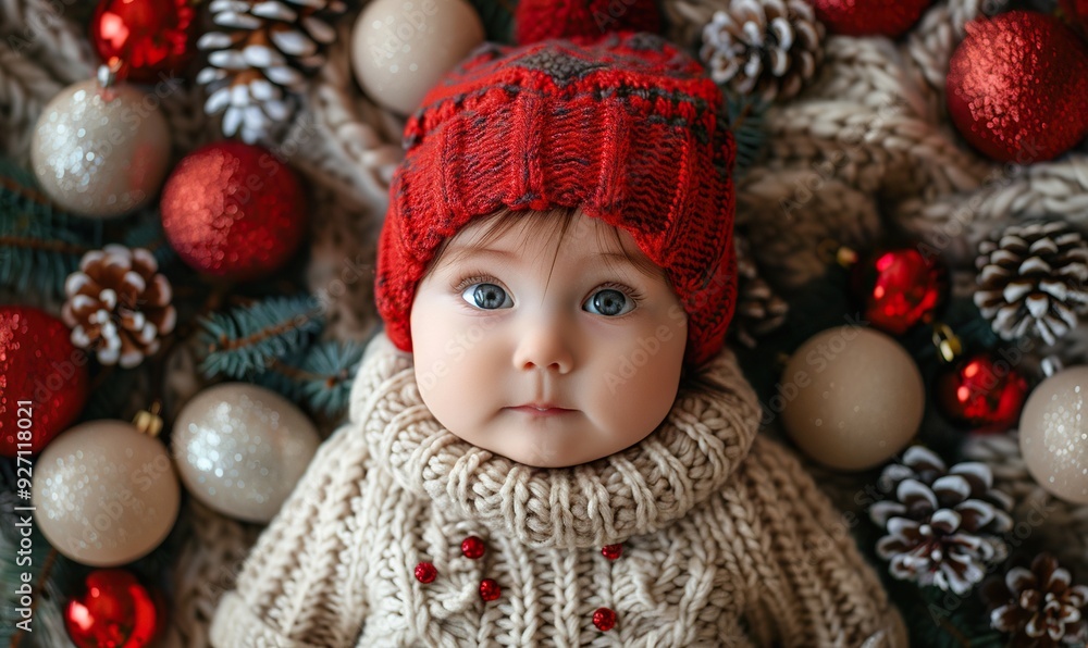 A top view showcases children�s luxury Christmas outfits, with festive baby wear for the holiday season. A top view showcases children�s luxury Christmas outfits, with festive baby wear for the holiday season.