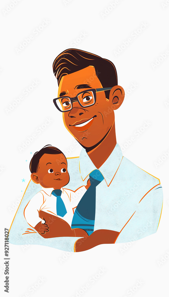 A smiling father holding his baby son, both dressed in formal attire A smiling father holding his baby son, both dressed in formal attire
