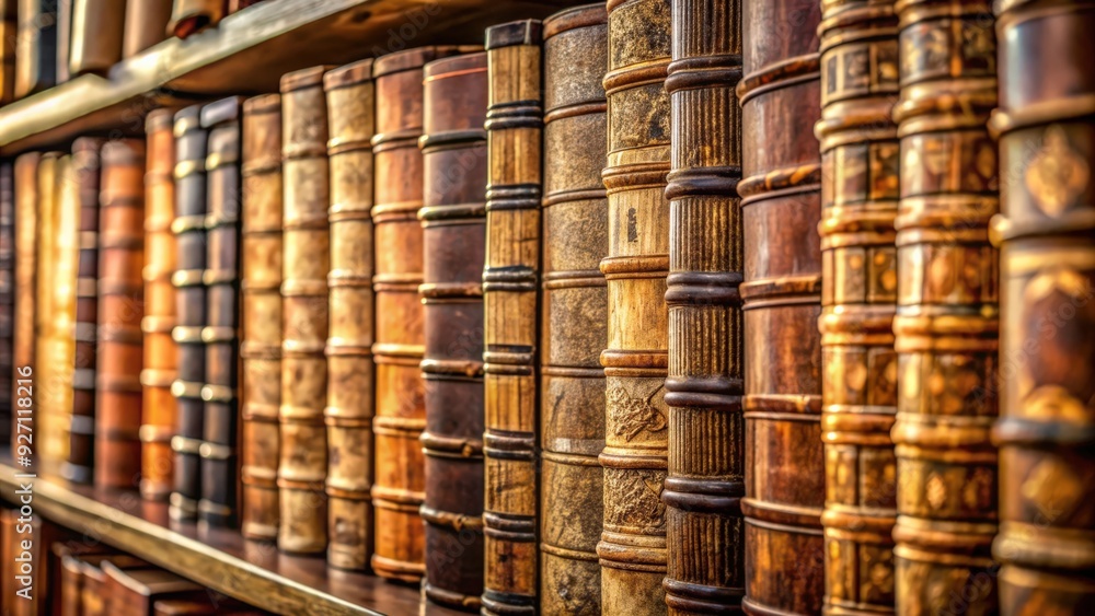 Close-up of old books in a library, showcasing titles printed on the spines, nostalgia, history, vintage, literature, reading Close-up of old books in a library, showcasing titles printed on the spines, nostalgia, history, vintage, literature, reading
