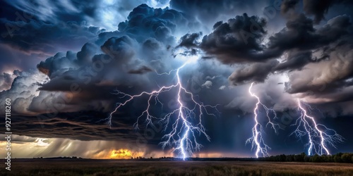 Thunderous dark sky with black clouds and flashing lightning, panoramic view, storm, typhoon, tornado