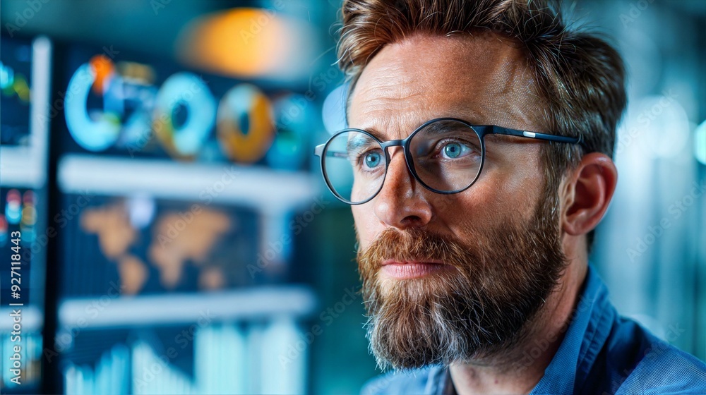 A man with glasses and a beard looks at data on computer screens in an office A man with glasses and a beard looks at data on computer screens in an office