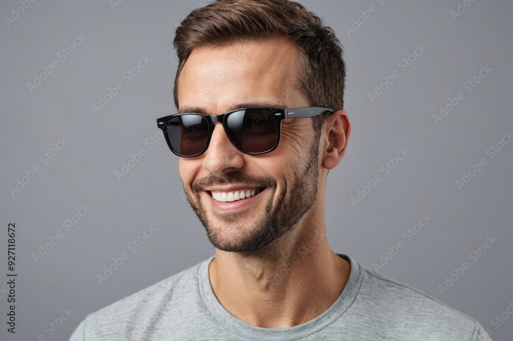 Smiling man in sunglasses posing in studio and looking away over gray background Smiling man in sunglasses posing in studio and looking away over gray background