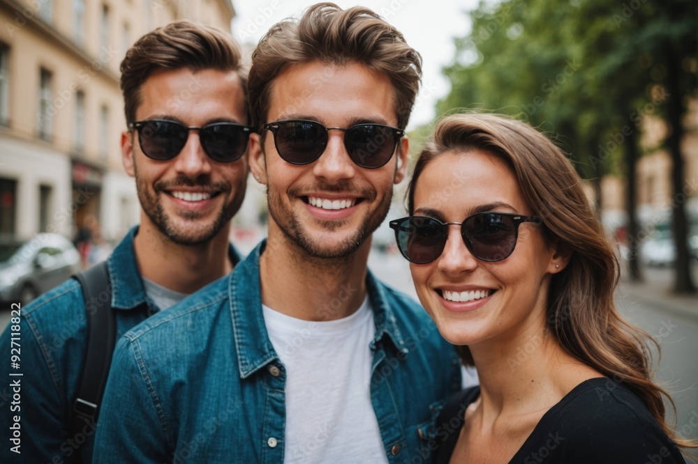 Portrait of smiling beautiful woman and her handsome boyfriend wearing dark sunglasses Portrait of smiling beautiful woman and her handsome boyfriend wearing dark sunglasses