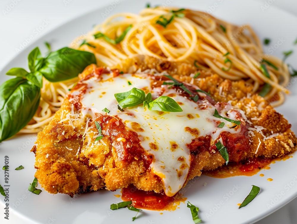 A breaded chicken cutlet topped with melted mozzarella, marinara sauce, and fresh basil served over a bed of spaghetti. A breaded chicken cutlet topped with melted mozzarella, marinara sauce, and fresh basil served over a bed of spaghetti.