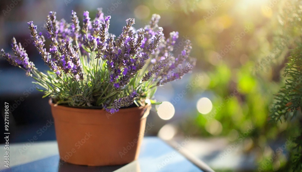 Fototapeta premium lavender in the pot in the morning; focus selected, handmade, blur, bokeh, copy space