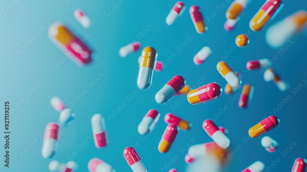 Floating Pills on Blue Background Floating Pills on Blue Background