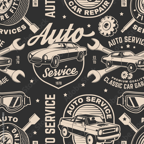 Set of auto service seamless pattern or background. Vector. Service car repair, restoration and car club design elements.