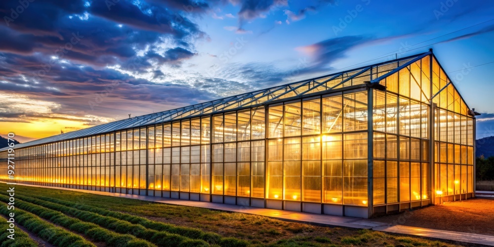 Obraz premium Industrial greenhouse with glowing lights at dusk in autumn , greenhouse, industrial, agriculture, farming, structure
