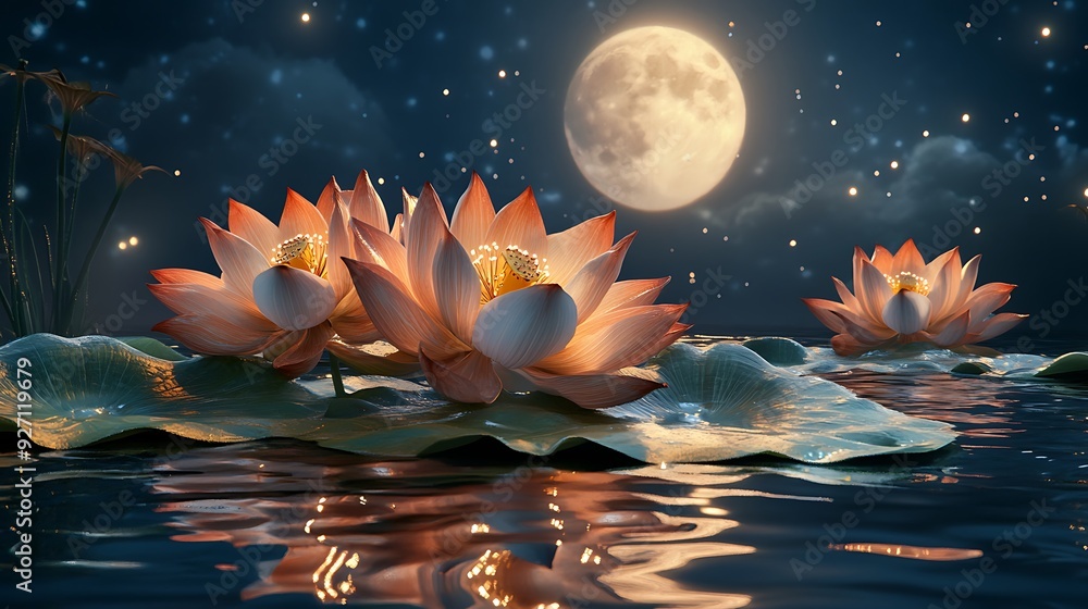 Pink lotus flowers in a pond with a full moon and stars reflecting in the water. Pink lotus flowers in a pond with a full moon and stars reflecting in the water.