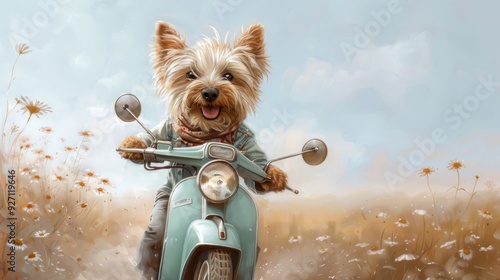 A whimsical illustration of a Yorkshire Terrier riding a miniature motorcycle. photo