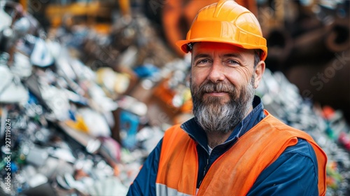 A man in safety gear smiles at the camera while standing in front of a pile of recycled metal