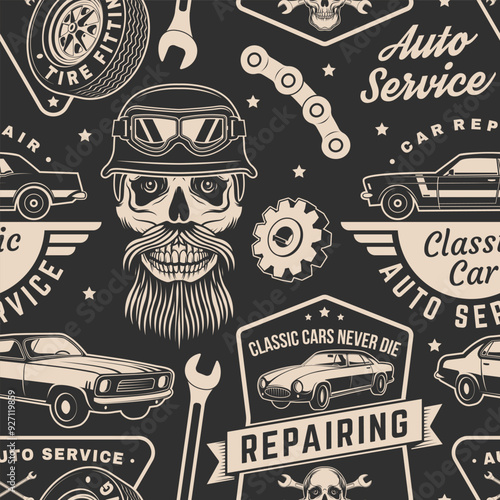Set of auto service seamless pattern or background. Vector. Service car repair, restoration and car club design elements.