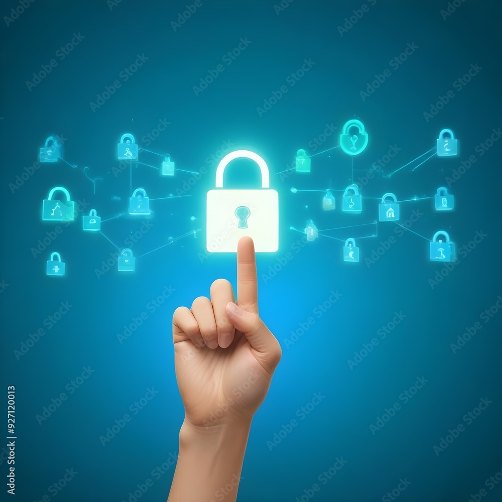 Access, a hand and glowing padlock icon on a blue background, representing the concept of accessing a system or accessing secure information Access, a hand and glowing padlock icon on a blue background, representing the concept of accessing a system or accessing secure information