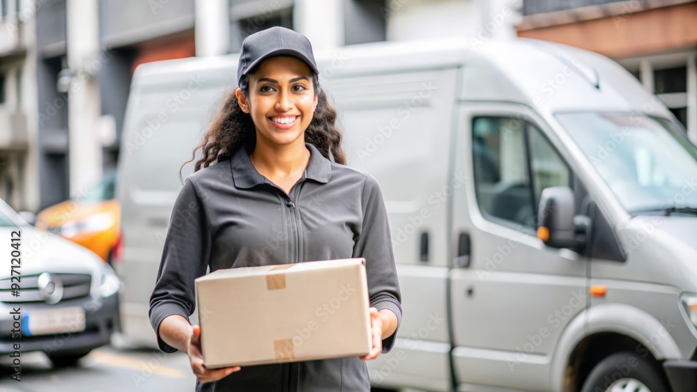 An Indian female delivery agent smiling and holding a parcel, wearing a uniform, with a background of a delivery van.
An Indian female delivery agent smiling and holding a parcel, wearing a uniform, with a background of a delivery van.
