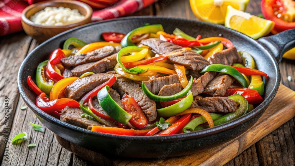 Close-up of sizzling skillet with steak fajitas, peppers, and onions , food, Mexican cuisine, sizzle, skillet, meat, beef Close-up of sizzling skillet with steak fajitas, peppers, and onions , food, Mexican cuisine, sizzle, skillet, meat, beef