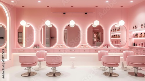 Modern Salon with Pink Interior and Oval Mirrors photo