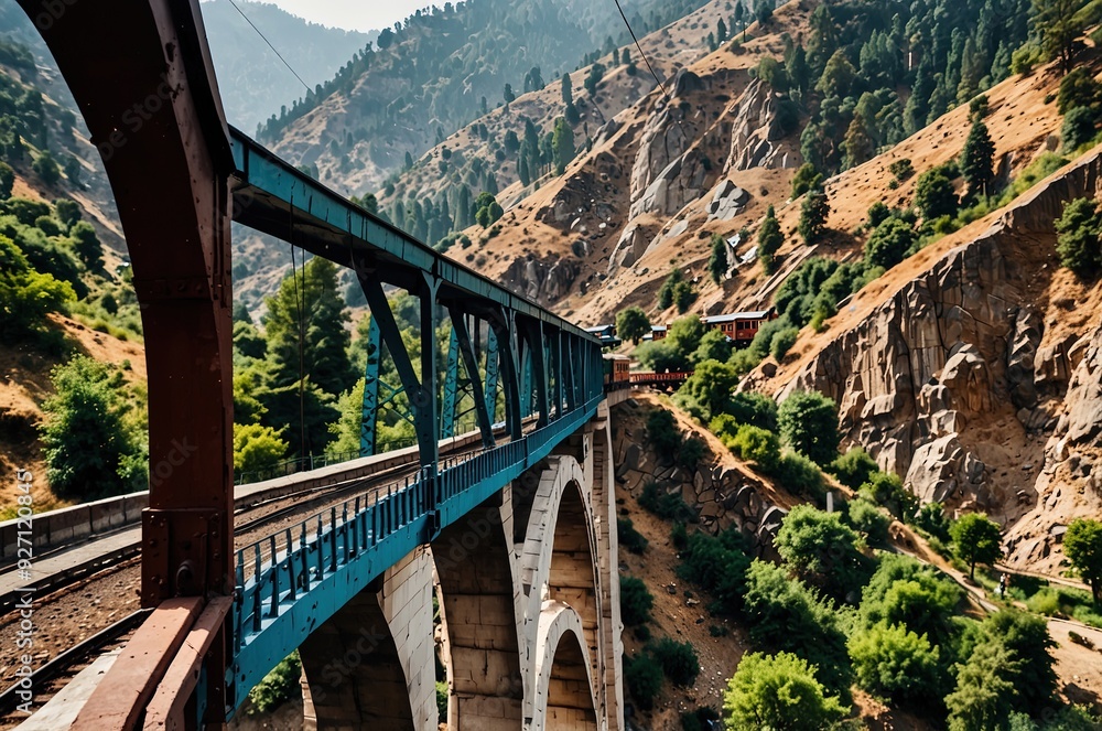 View from moving train on arch bridge over mountain slopes, beautiful view, one side mountain, one side valley. View from moving train on arch bridge over mountain slopes, beautiful view, one side mountain, one side valley.