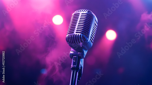 Vintage microphone on stage with lights
