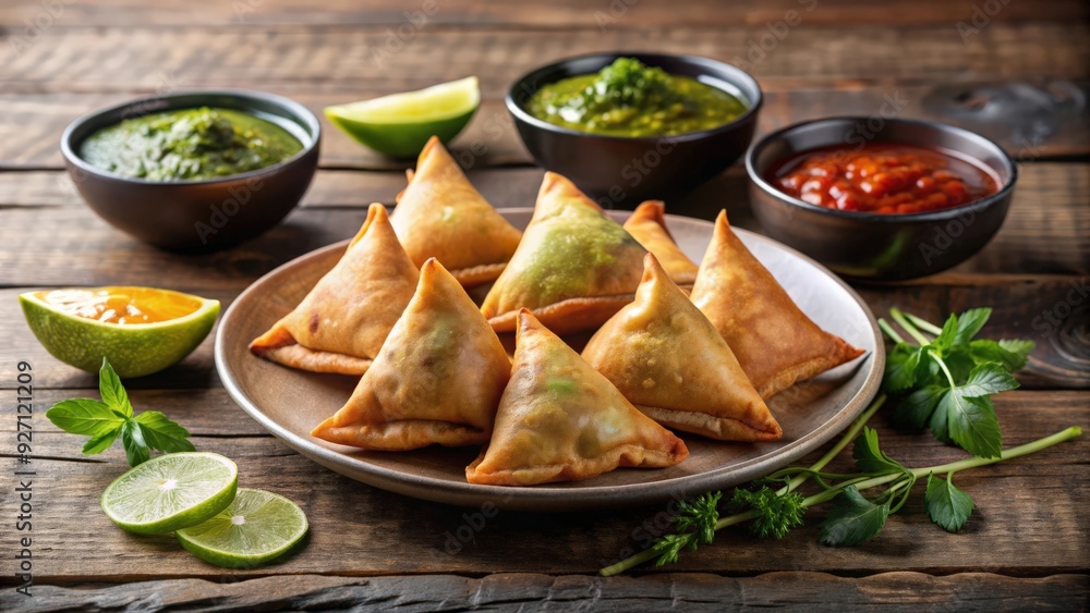 Delicious traditional Indian samosa dish on a plate, Indian cuisine, savory pastry, spicy, deep fried Delicious traditional Indian samosa dish on a plate, Indian cuisine, savory pastry, spicy, deep fried