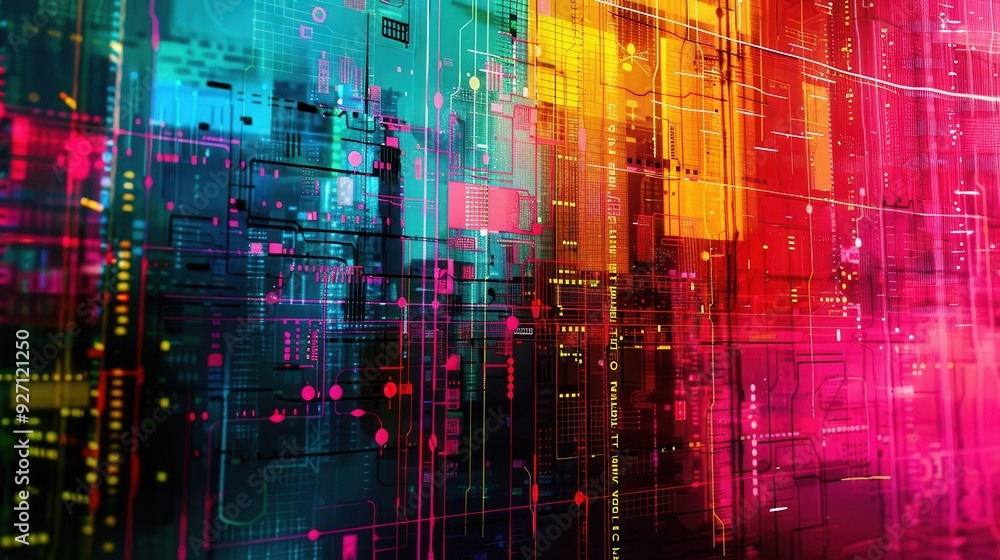 A colorful digital abstract design with a grid pattern, featuring shades of blue, green, yellow, red, and pink. Light trails and other digital elements contribute to a feeling of motion and activity. A colorful digital abstract design with a grid pattern, featuring shades of blue, green, yellow, red, and pink. Light trails and other digital elements contribute to a feeling of motion and activity.