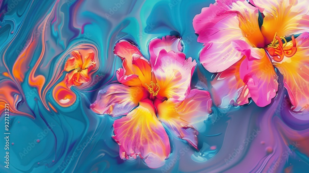 Three pink hibiscus flowers with yellow centers float on a vibrant blue and purple liquid. The liquid swirls and moves, creating a dynamic and colorful backdrop for the flowers. Three pink hibiscus flowers with yellow centers float on a vibrant blue and purple liquid. The liquid swirls and moves, creating a dynamic and colorful backdrop for the flowers.