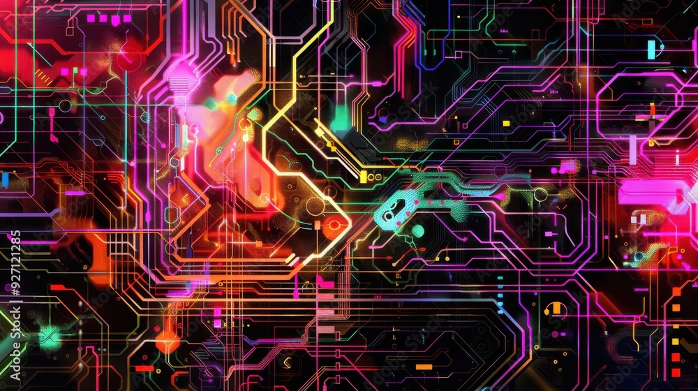 Obraz premium An abstract digital circuit board with neon lights, glowing in vibrant colors on a black background. The circuitry is complex, featuring intricate patterns and interconnecting lines.