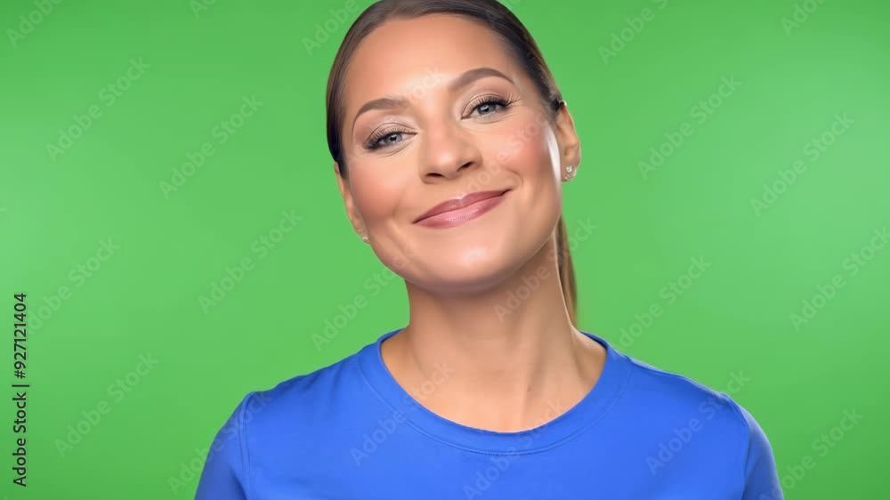 Cheerful Woman Smiling in Blue T Shirt Against Green Background, 4k video Cheerful Woman Smiling in Blue T Shirt Against Green Background, 4k video