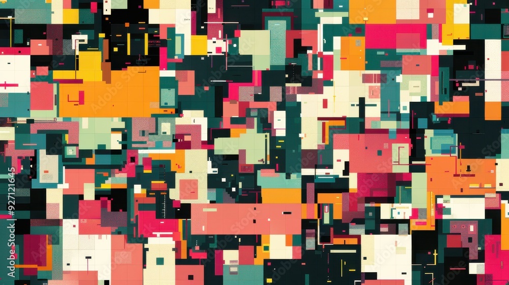 A digital abstract geometric pattern features a random assortment of rectangles in shades of red, orange, teal, yellow, and black. The rectangles are layered and overlapping, creating a sense of depth A digital abstract geometric pattern features a random assortment of rectangles in shades of red, orange, teal, yellow, and black. The rectangles are layered and overlapping, creating a sense of depth
