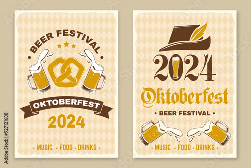 Set of Oktoberfest retro posters. Vector. Beer mug with malt, German traditional hat, fried sausage, grilled, skewered on a fork.
