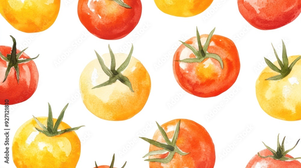 The image is a watercolor illustration featuring a pattern of ripe red and yellow tomatoes with visible green stems, possibly suggesting a culinary or artistic theme. The image is a watercolor illustration featuring a pattern of ripe red and yellow tomatoes with visible green stems, possibly suggesting a culinary or artistic theme.