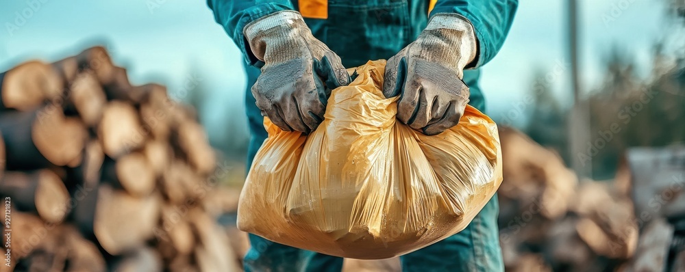 Close-up of hands managing garbage bags in soft natural light, focusing on tools and waste with safety gear visible Close-up of hands managing garbage bags in soft natural light, focusing on tools and waste with safety gear visible
