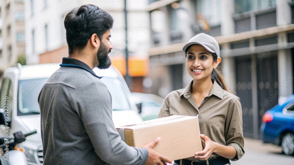 An Indian delivery agent interacting with a customer while holding a package, dressed in a uniform, and ensuring a smooth delivery process.
An Indian delivery agent interacting with a customer while holding a package, dressed in a uniform, and ensuring a smooth delivery process.