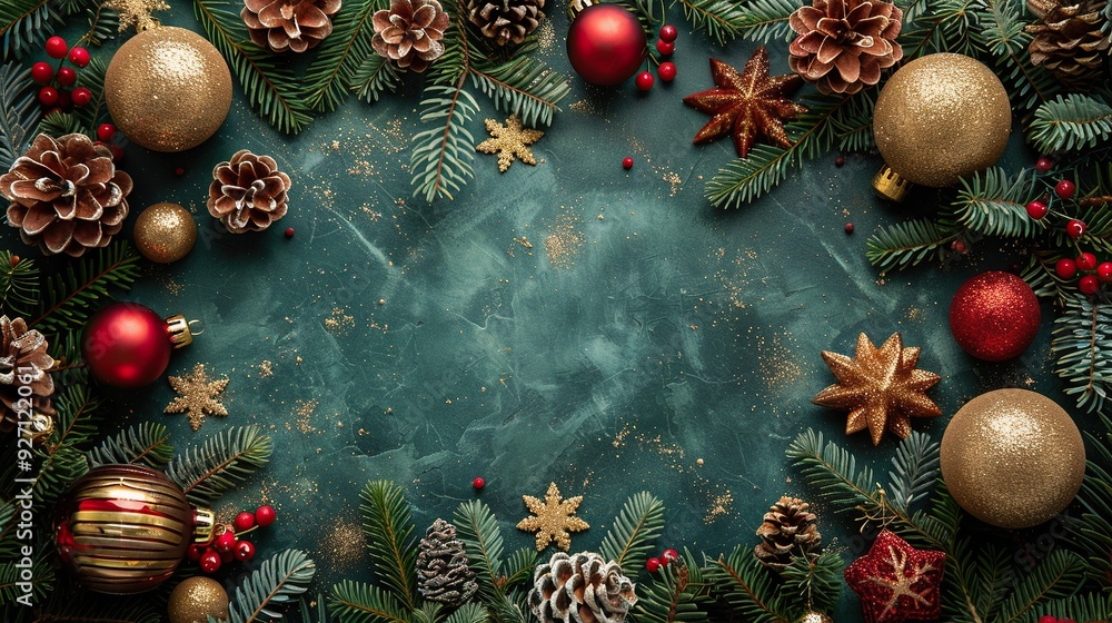 A green Christmas background features a frame of vintage decorations in a flat lay top view with ample copy space. A green Christmas background features a frame of vintage decorations in a flat lay top view with ample copy space.