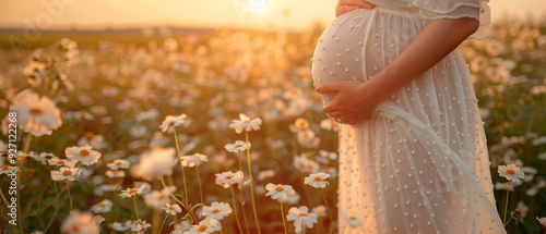 A pregnant woman standing in a field of daisies, with her hand on her belly. AI.