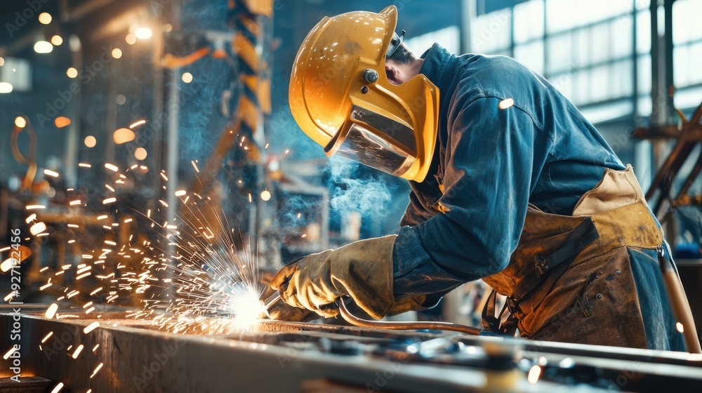 Side view of a welder using tools on metal structure in a realistic industrial setting Side view of a welder using tools on metal structure in a realistic industrial setting