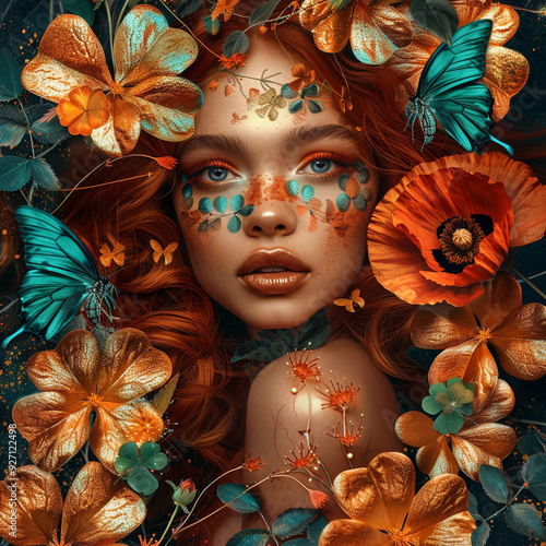 airytale portrait of beautiful redhead girl woman, golden leaves, butterflies and poppy flowers, dark background	 photo