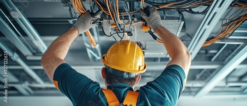 Wide-angle view of an electrician connecting wires on a ceiling with tools and cables visible from below, no face shown