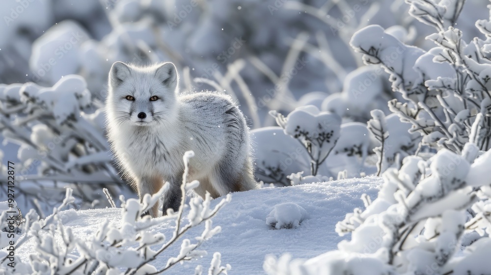 Obraz premium A white arctic fox stands in a snowy landscape, its fur blending seamlessly with the surrounding snow and frosted branches. The fox's keen gaze is fixed on something beyond the frame, suggesting a sen