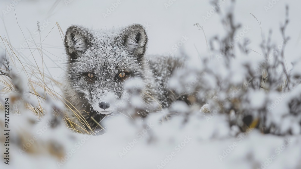 Obraz premium A snowy Arctic fox peeks through a patch of snow-covered brush, its fur dusted with white flakes. The fox's amber eyes stare intently at the camera, its face partially obscured by the snowy branches.