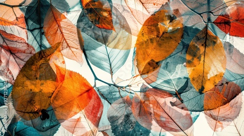 A close-up image of multiple, translucent autumn leaves overlapping each other, creating a mesmerizing abstract pattern. The leaves are predominantly shades of orange, red, and blue-green, with subtle